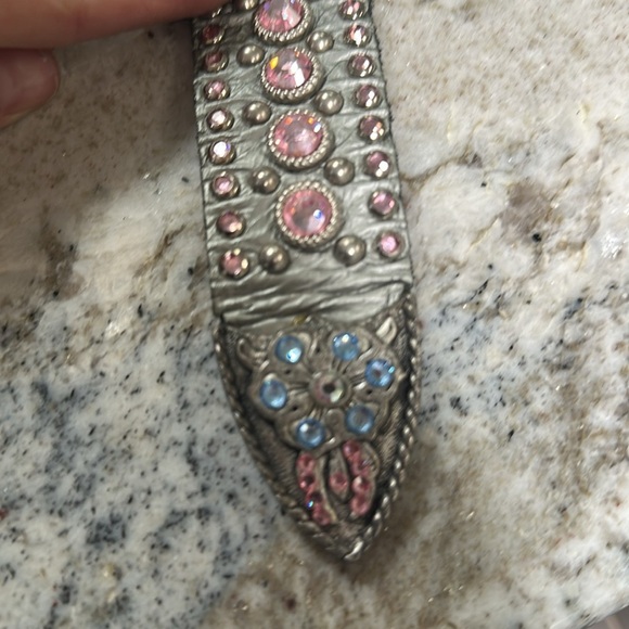 Leather Rock Silver Belt With Pink & Baby Blue Stones Buckle